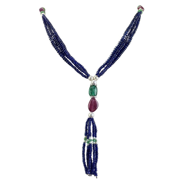 Blue Sapphire, Ruby, Emerald and Pearl Multi Strand Beaded Necklace For Sale