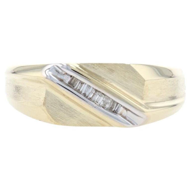 Yellow Gold Diamond Diagonal Line Men's Band, 10k Baguette Brushed Wedding Ring