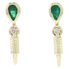 Yellow Gold Emerald & Diamond J-Hook Earrings, 14k & 18k Pear .56ctw Pierced