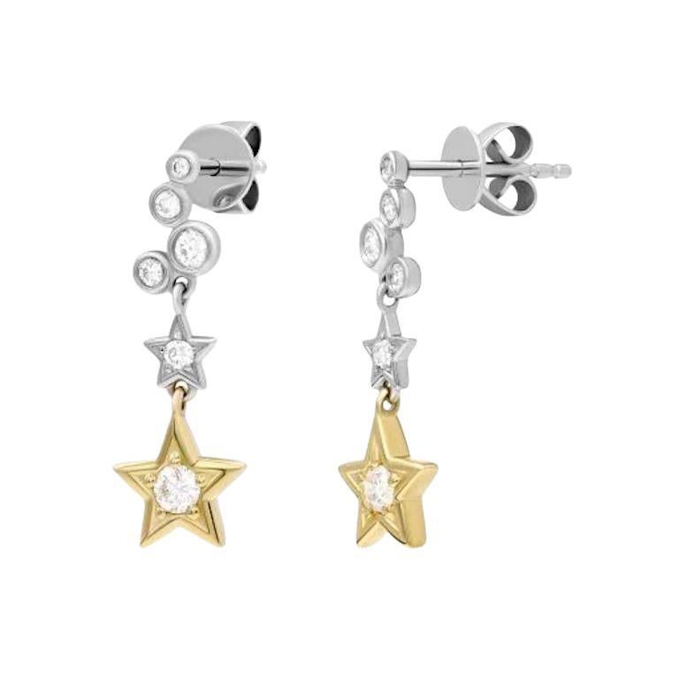 Short Dangle White Diamond Mixed Gold Star Earrings for Her  For Sale