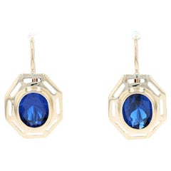 Yellow Gold Synthetic Sapphire Drop Earrings, 14k Oval Cut 4.40ctw Pierced