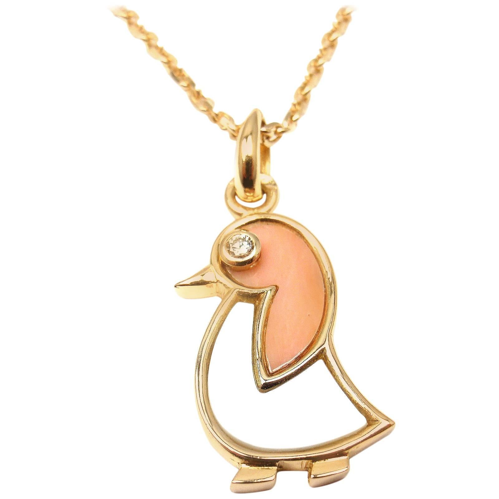 Van Cleef & Arpels Coral Mother Of Pearl Diamond Gold Pendant Necklace