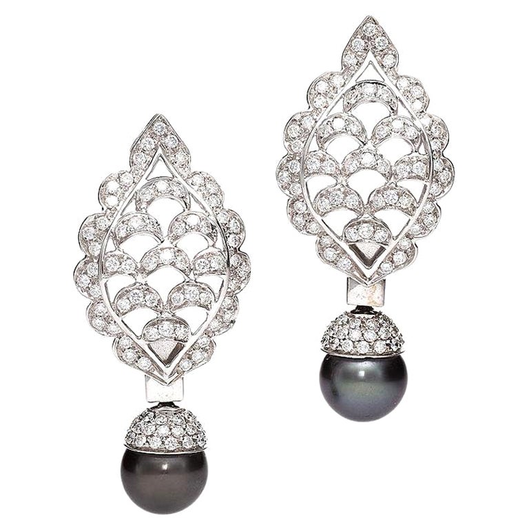 Diamond Earrings with Black Pearls For Sale