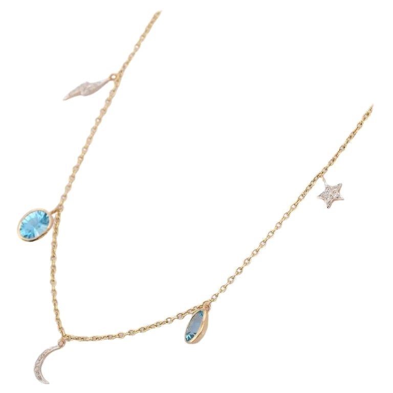 18K Yellow Gold Moon Necklace in Blue Topaz and Diamond