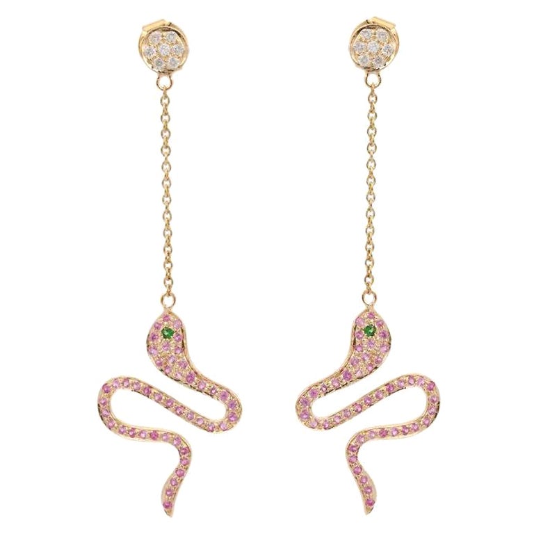 14kt Solid Yellow Gold Sapphire Snake Dangle Earrings For Sale