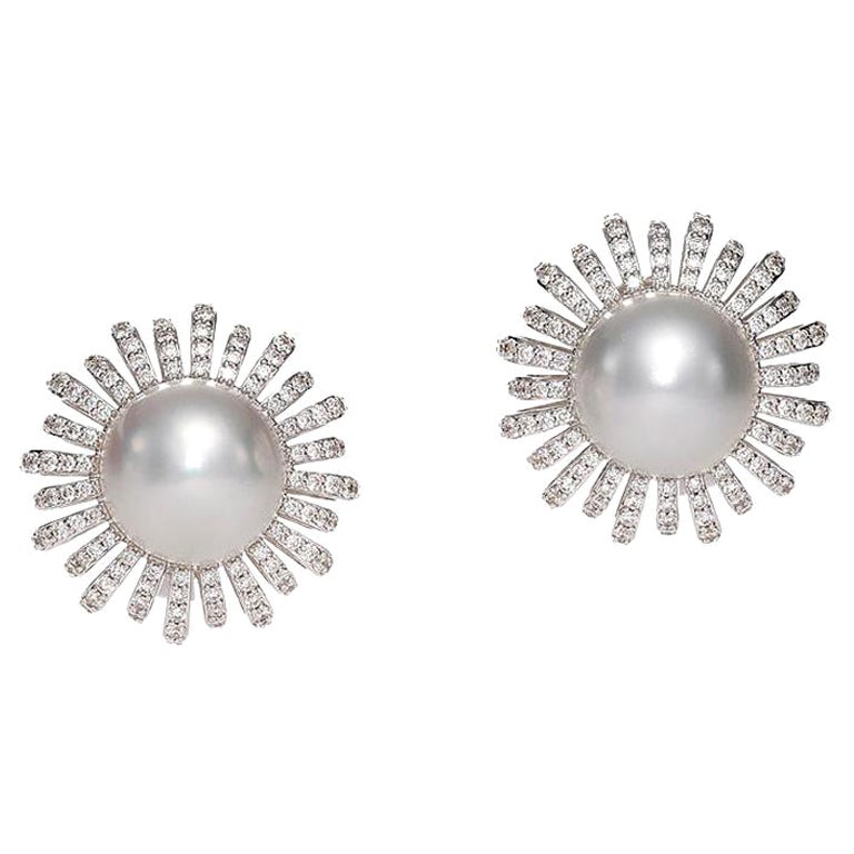 White Pearl Earrings with Diamonds For Sale