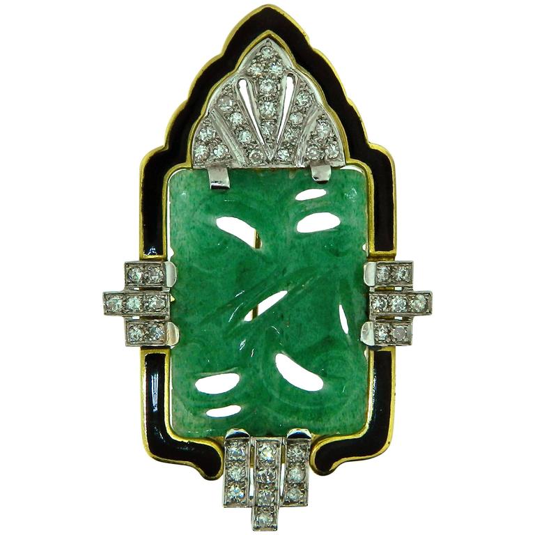 1930s Art Deco Enamel Carved Jade Diamond Platinum Topped Gold Brooch ...