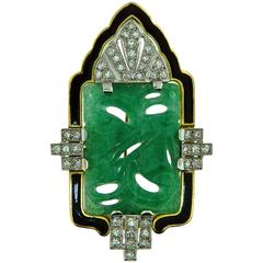1930s Art Deco Enamel Carved Jade Diamond Platinum Topped Gold Brooch