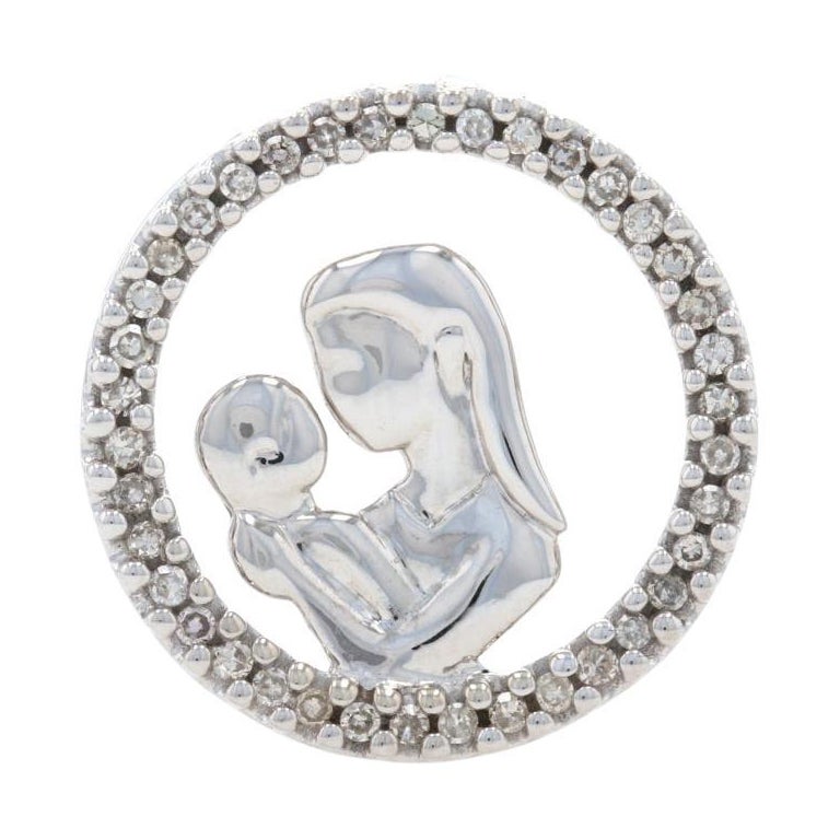 White Gold Diamond Mother & Child Eternity Pendant, 10k Single .25ctw New Mom For Sale