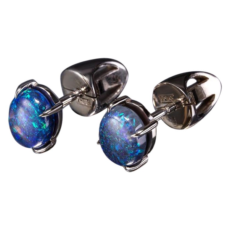 Black Opal White Gold Stud Earrings Dark Blue Cabochon Unisex