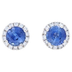 White Gold Sapphire & Diamond Halo Stud Earrings -14k Round Cut 1.45ctw Pierced