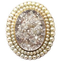 Antique Renee Lewis Natural Pearl Diamond Gold Brooch
