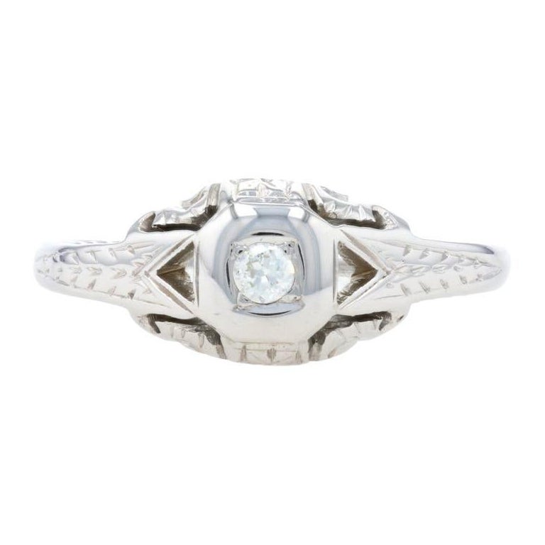 Bague de fiançailles solitaire Art déco en or blanc et diamants, taille européenne 18 carats, vintage