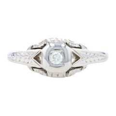 White Gold Diamond Art Deco Solitaire Engagement Ring, 18k European Cut Retro