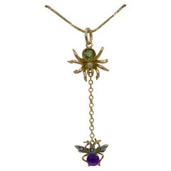 Peridot Amethyst Spider and Fly Insect Pendant Edwardian Suffragette Gold