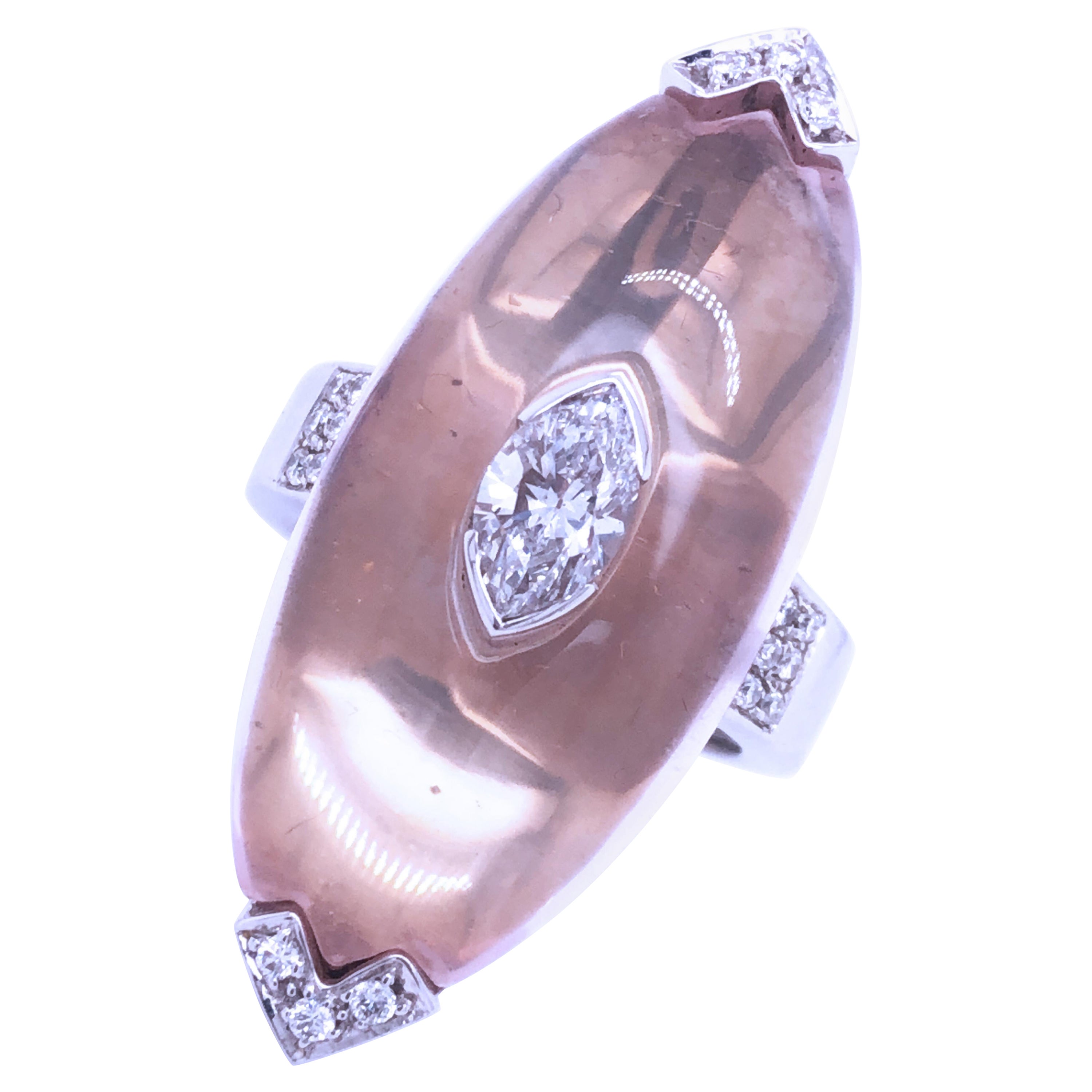 0.81Kt Diamond 17Kt Natural Hand Inlaid Light Pink Quartz Ring For Sale