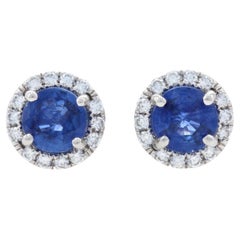 White Gold Sapphire & Diamond Halo Stud Earrings 14k Round Cut 1.17ctw Pierced