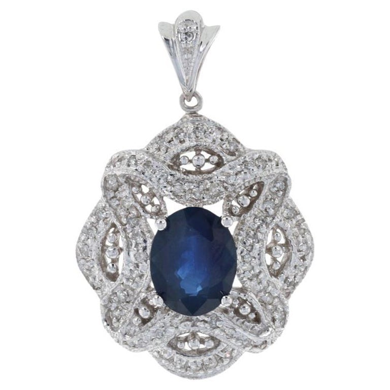 White Gold Sapphire & Diamond Lace Halo Pendant, 14k Oval Cut 2.03ctw Milgrain For Sale