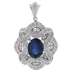 White Gold Sapphire & Diamond Lace Halo Pendant, 14k Oval Cut 2.03ctw Milgrain