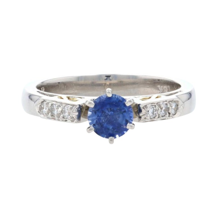 Platinum & Yellow Gold Sapphire & Diamond Engagement Ring, 18k Round Cut .67ctw For Sale