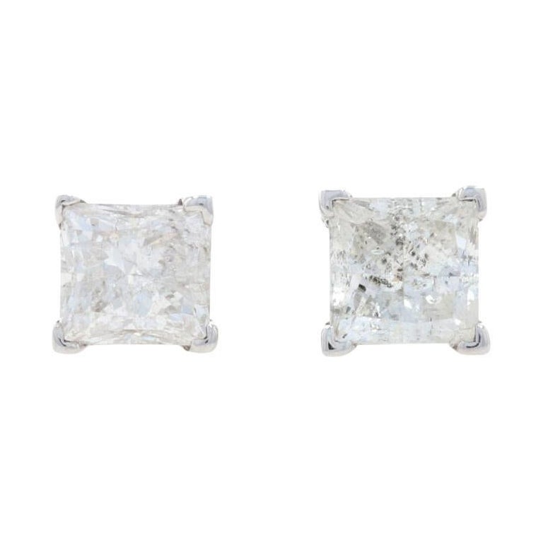 White Gold Diamond Stud Earrings, 14k Princess Cut 1.98ctw Pierced