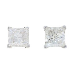 Vintage White Gold Diamond Stud Earrings, 14k Princess Cut 1.98ctw Pierced
