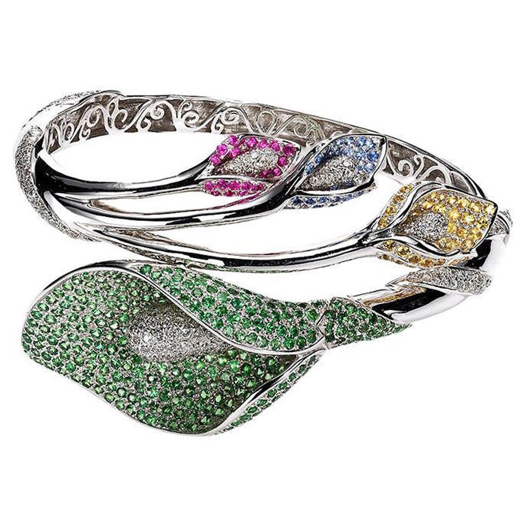 Diamond and Sapphires Flower Bracelet For Sale