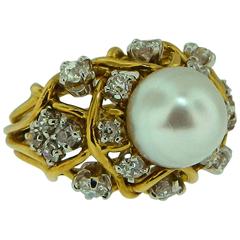 1960s Tiffany & Co. Schlumberger GIA Natural Pearl Diamond Gold Platinum Ring