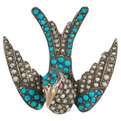 Antique Turquoise and Pearl Swallow Brooch in Sterling Silver and Gold
