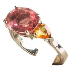 Handmade 18 Kt White Gold Ring with Heart Cut Sapphires and Pink Tourmaline