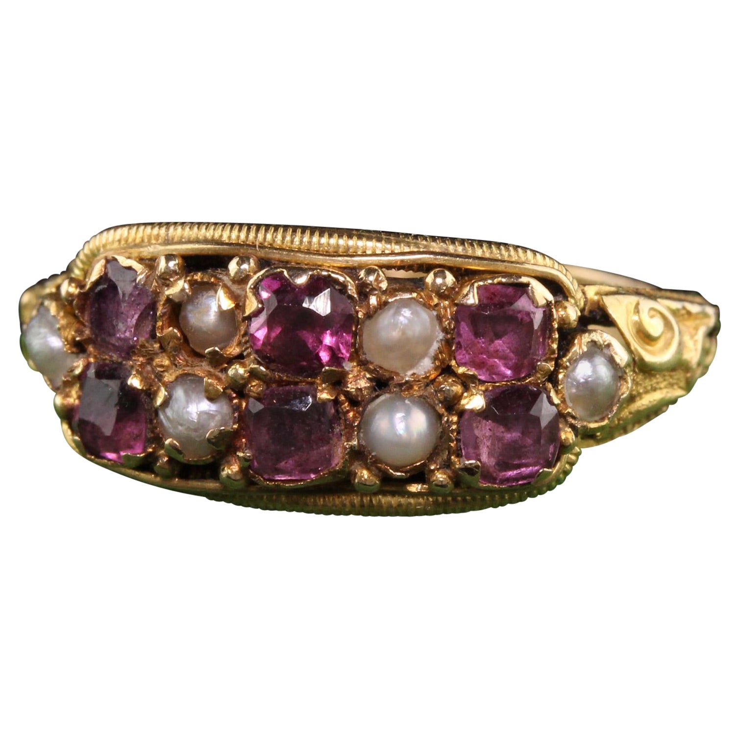 Antique Victorian 14K Yellow Gold English Garnet and Pearl Ring For Sale