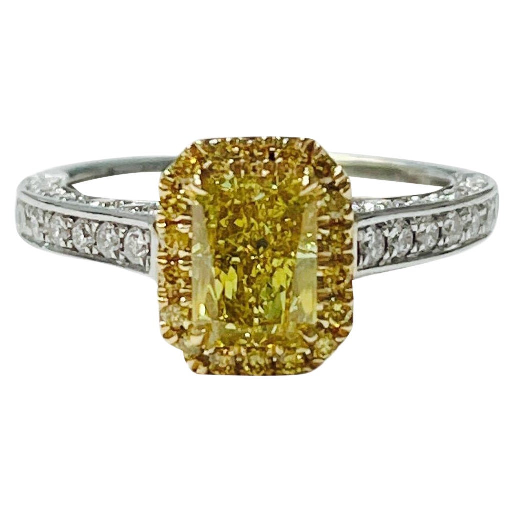 GIA Certified Fancy Deep Yellow Radiant Cut Diamond Engagement Ring For Sale