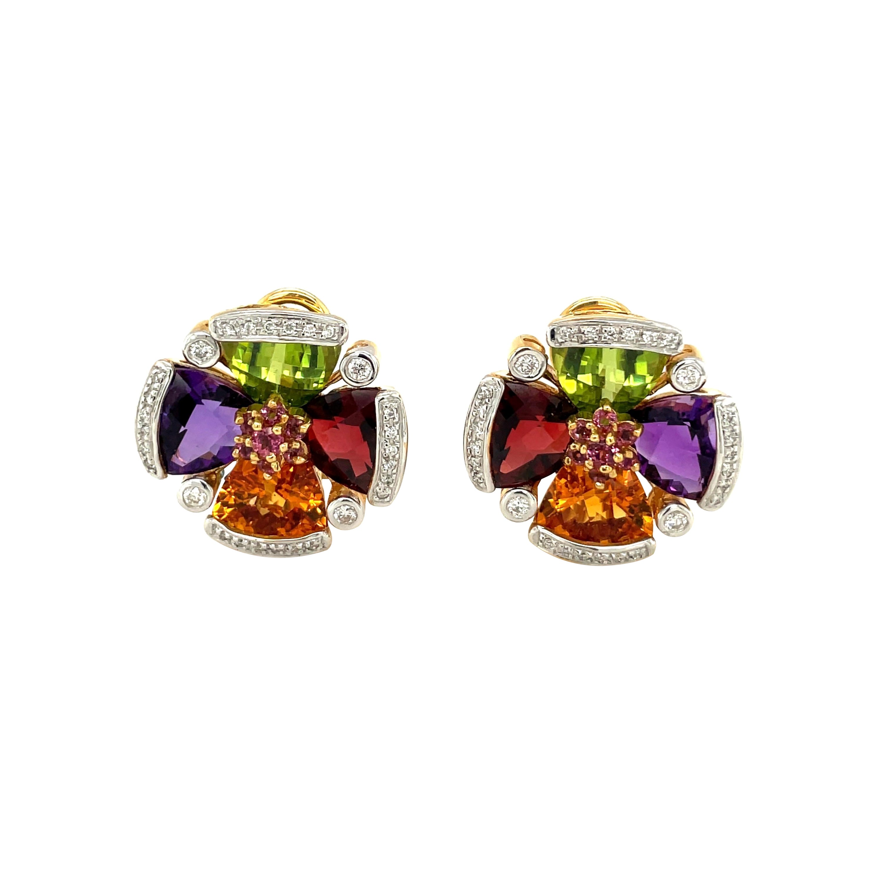 Cellini, boucles d'oreilles fleur en or jaune 18 carats avec diamants semi-précieux de 0,38 carat, 18,40 carats en vente