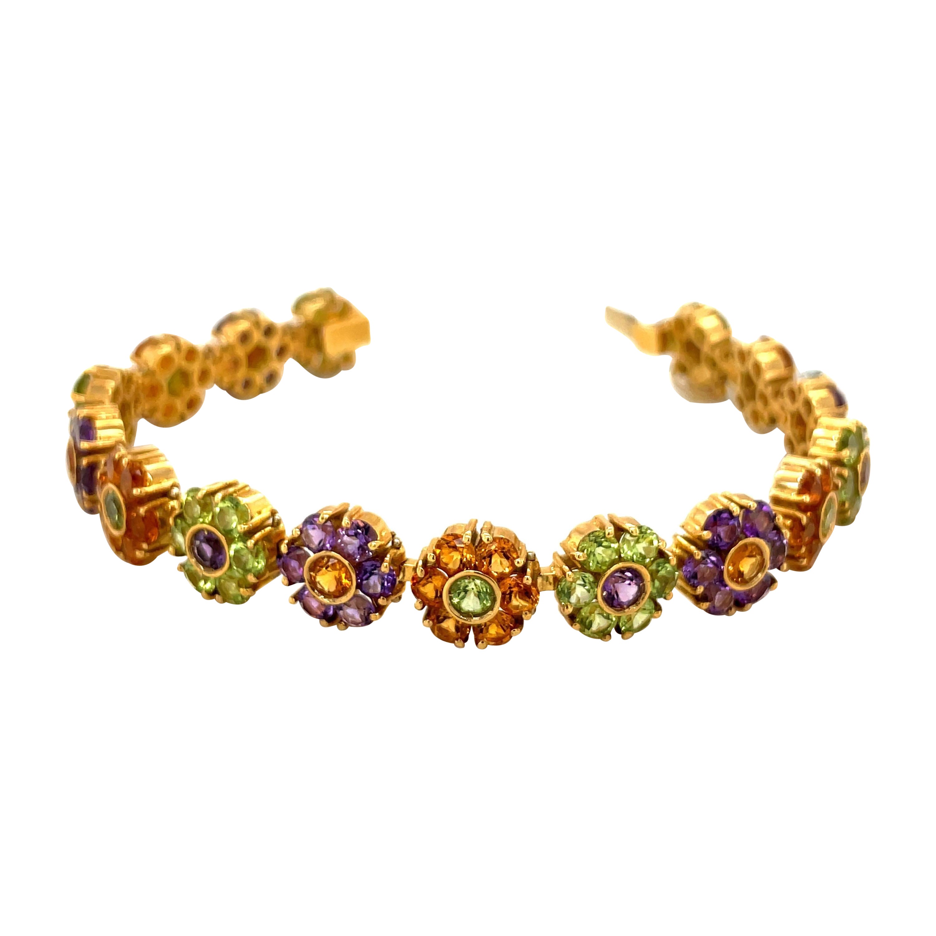 Vaid Roma 18KT Yellow Gold Bracelet with Citrine, Peridot, & Amethyst Flowers For Sale