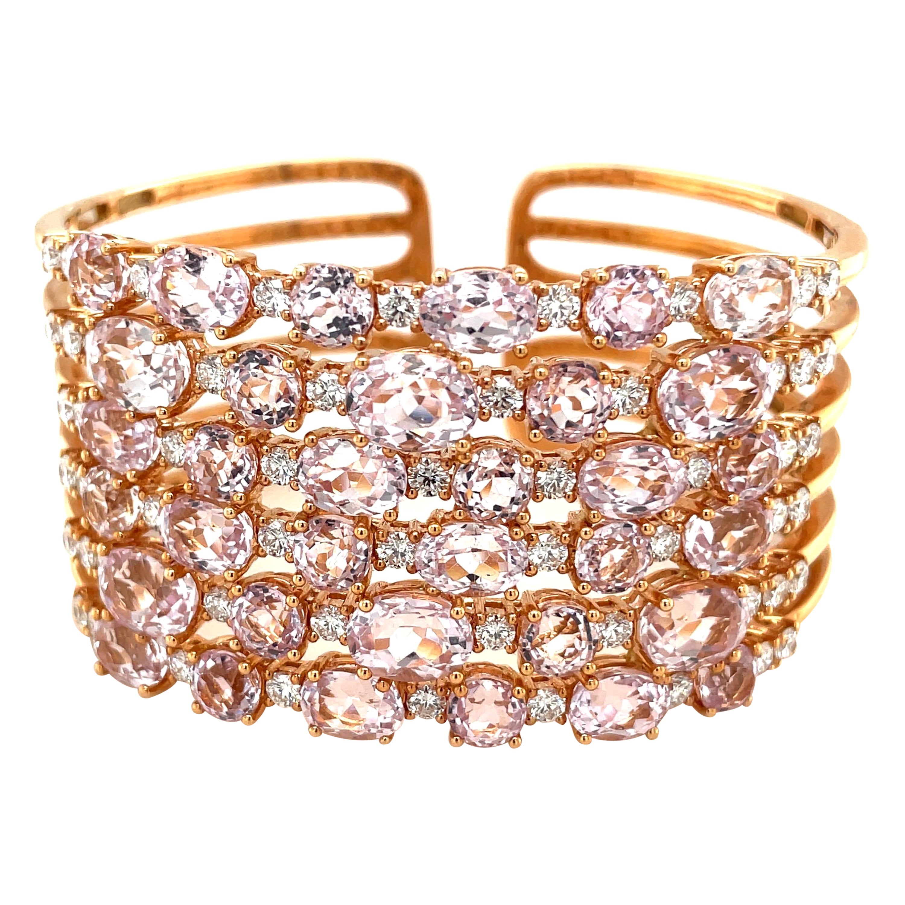 18KT Rose Gold 35.28Ct. Kunzite 3.70Ct. Diamond Cuff Bracelet