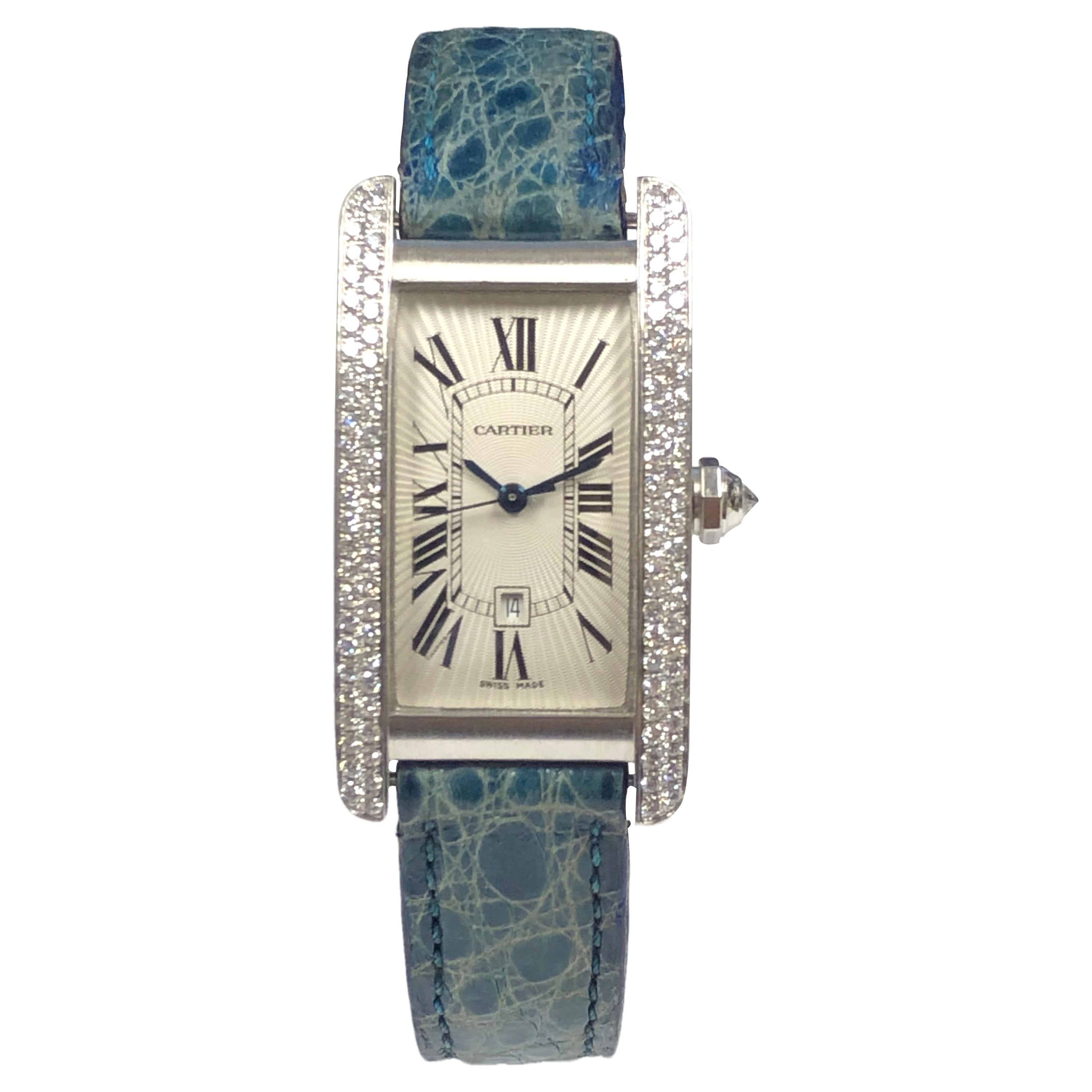Cartier: Tank Americaine Automatik-Armbanduhr, mittlere Größe, Weißgold und Diamant im Angebot