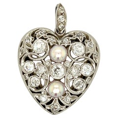 Antique Edwardian Platinum Pearl Diamond Heart Pendant