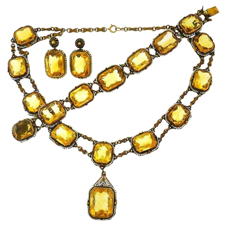 Victorian 14k Yellow Gold Necklace Earrings Bracelet Set Citrine Seed Pearl For Sale