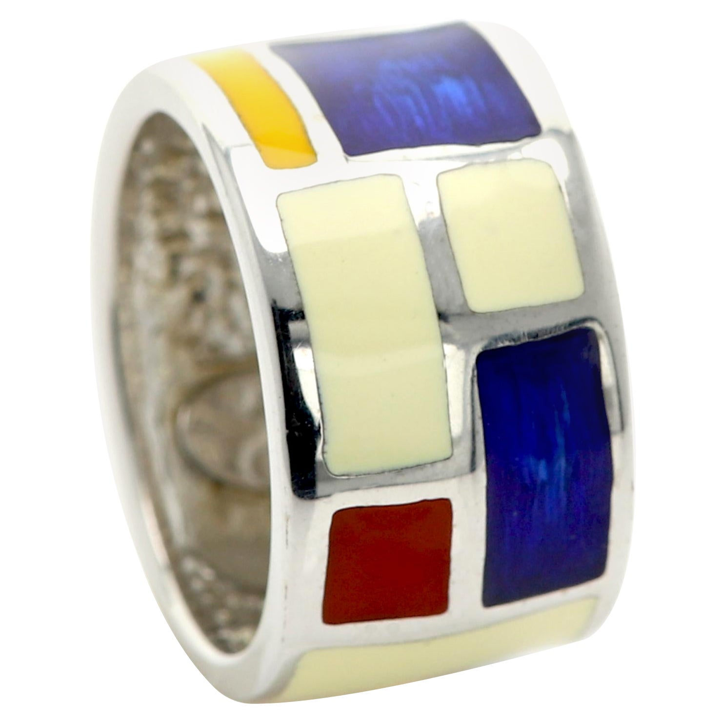 Mondrian Inspired Art Ring Sterling Silver Made In Italy Enamel Fine Art Ring  For Sale