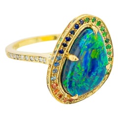 Rainbow Black Australian Opal Ring with Sapphires and 18ct Yellow Gold
