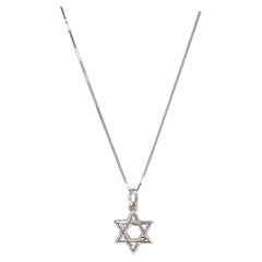 Vintage Diamond Star Pendant Necklace Set 14k White Gold Lobster Clasp Hebrew Jewish