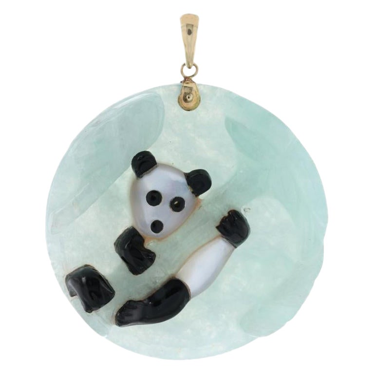 Panda Pendant, 14k Gold Carved Jadeite, Mother of Pearl, & Black Nephrite Jade