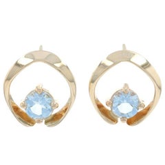 Antique Yellow Gold Aquamarine Circle Drop Earrings, 14k Round Cut .90ctw Pierced