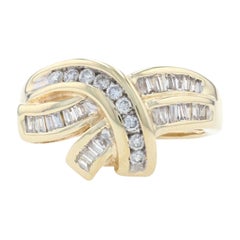 Yellow Gold Diamond Crossover Ring, 14k Round & Baguette Cut .50ctw Ribbons