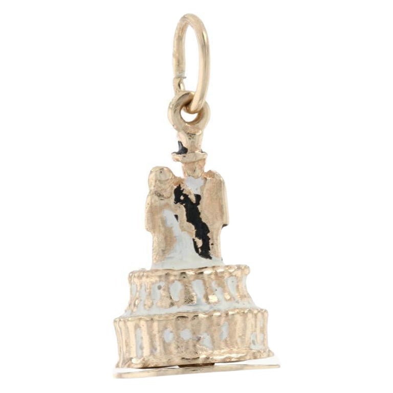 Yellow Gold Enamel Wedding Cake Charm, 14k Love Marriage Baby Carriage Opens