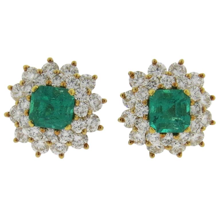 Tiffany and Co. Emerald Diamond Gold Earrings at 1stDibs