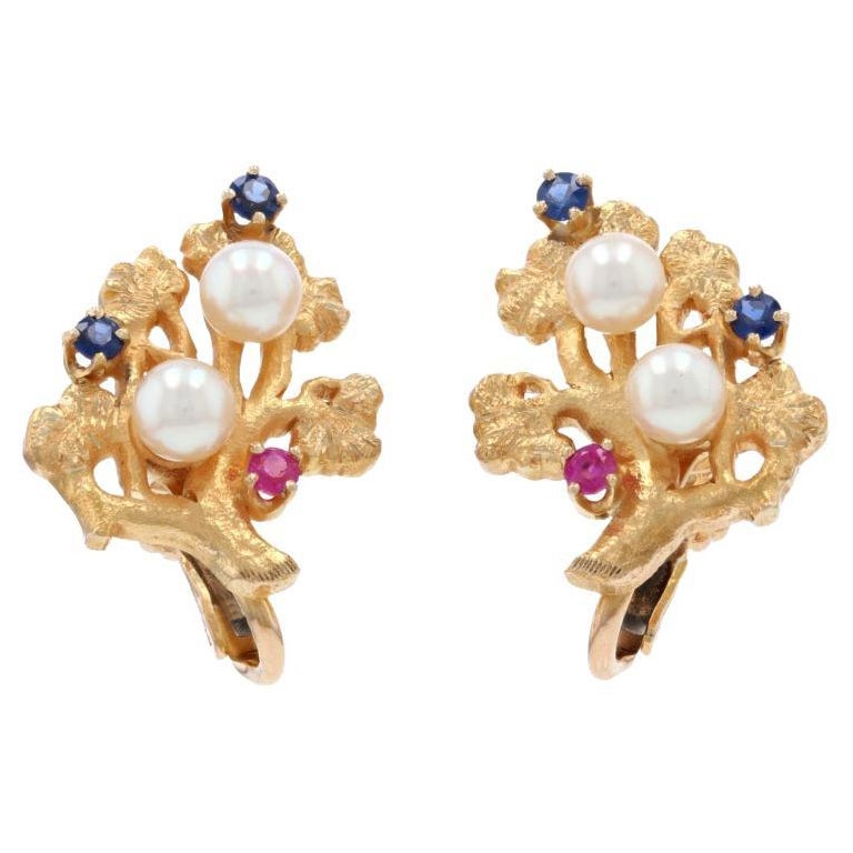 Vintage Cultured Pearl, Sapphire, & Ruby Earrings, 14k Gold Non-Pierced .53ctw