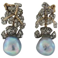 Buccellati Rose Cut Diamond Pearl Gold Drop Earrings