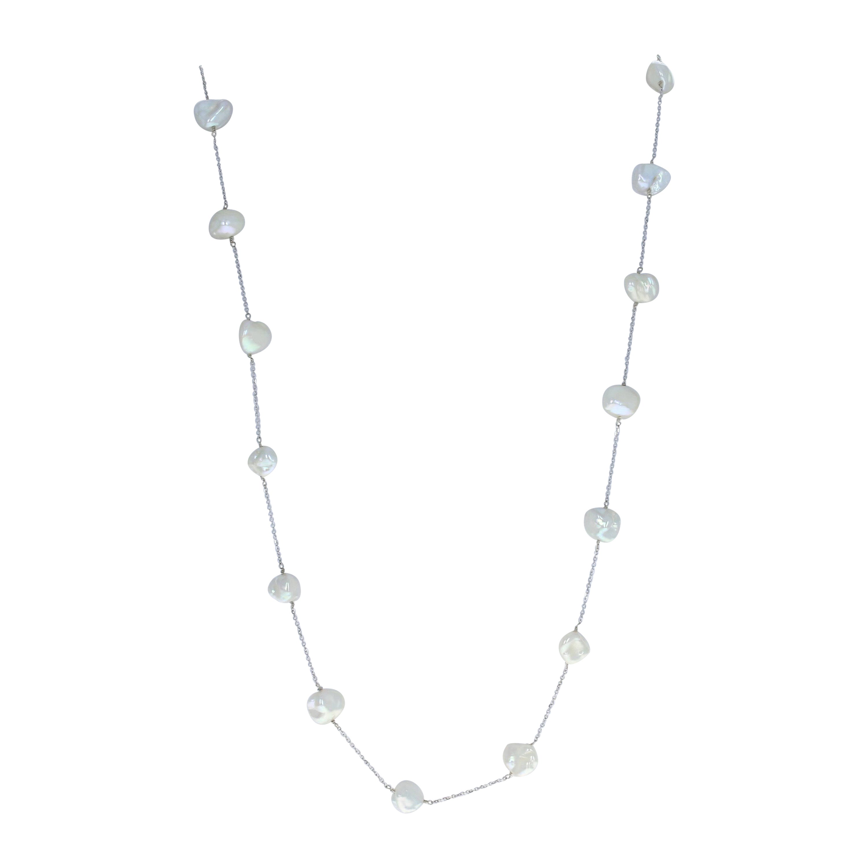 Freshwater Pearl Necklace, 14k White Gold Cable Chain For Sale