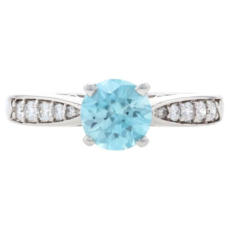 White Gold Blue Zircon & Diamond Engagement Ring, 14k Round Cut 2.43ctw For Sale